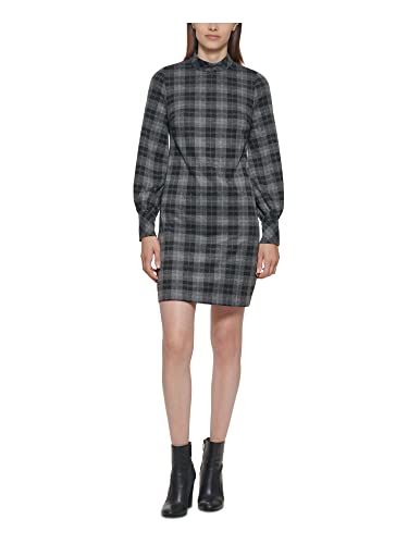 Calvin Klein Womens Gray Stretch Zippered Plaid Cuffed Sleeve Mock Neck Short Wear To Work Sheath Dress 6 #TOP12