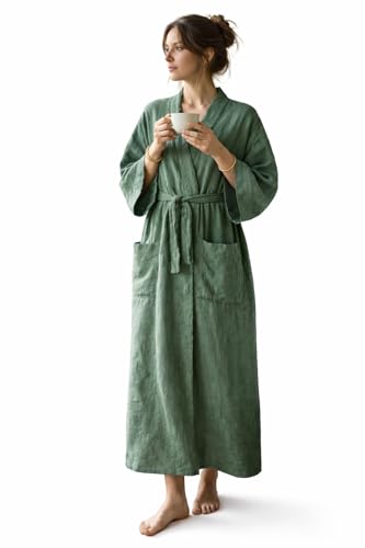 Premium Linen Rayon Kimono Robe Women Sage Green Full Length Bathrobe Lightweight Breathable Loungewear Dressing Gown Robe (Terracotta)