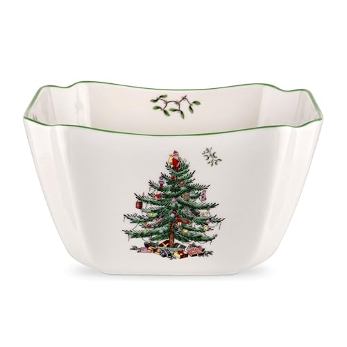 Spode Christmas Tree 10-Inch Square Serving Bowl - Durable Porcelain Bowl for Appetizers & Holiday Dishes - Iconic Christmas Design with Green Trim - Microwave & Dishwasher Safe for Festive Gatherings