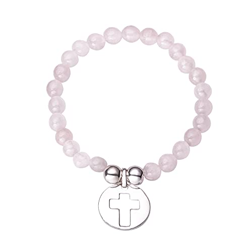 Kokomorocco Pulsera Medalla Cruz de Plata de Ley con Cuarzo Rosa, Regalo comunión, Regalos Originales, enviado con Caja y Envoltorio de Regalo Cover