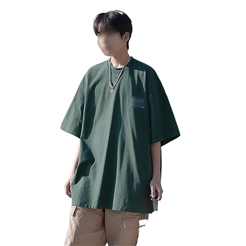 T-shirt japonais vert à grande manche moyenne coupe ample streetwear d'été