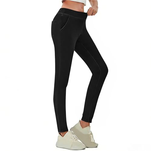 Pantalon Noir Femme - Legging Femme Effet Jean Taille Haute, Pantalon Yoga Stretch Moulant Long, Jegging Décontracté avec Détails de Poches, Sport Travail...