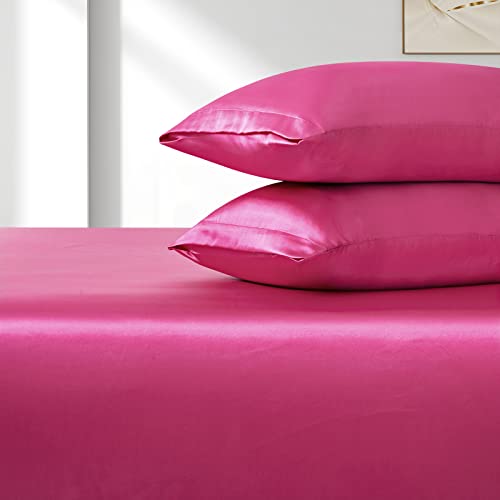 Vacvelt 3Pcs Extra Deep Pocket Satin Fitted Sheet Set Queen Bed Set, Hot Pink Bottom Sheet Fit 18-24 Inch Deep Pocket Mattress, Silky Bedding Set Soft & Ultra Deep Fitted Sheet & 2 Pillowcase #TOP6