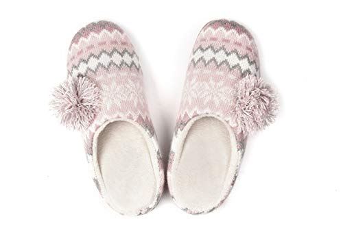 Women's Fair Isle Sweater Knit 80-D Memory Foam Slippers with Poms Cute Comfy Fuzzy Slip On House Slippers Breathable Washable Indoor/Outdoor Knitted House Shoe w/Anti Slip Sole4