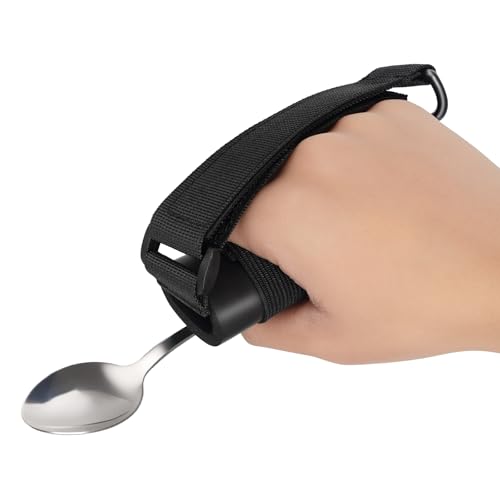 Awaiymi Black Universal Cuff, Leather ADL Cuff with Elastic Strap, Holds Utensils or Writing Aids, Makes Mealtime or Other Activities Easier, for Elderly or Individuals with Weak Grip, Medium, 3
