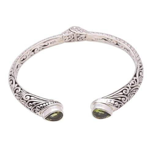 NOVICA Artisan Handmade Peridot Cuff Bracelet Teardrop from Bali Sterling Silver Indonesia Gemstone [5.75 in L (end to End) x 0.3 in W] ' Balinese Terrace'