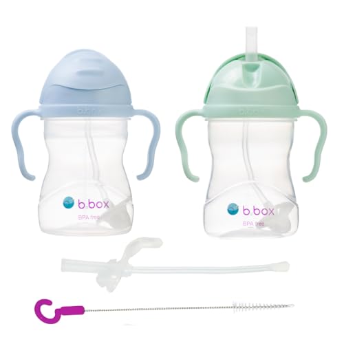 b.box Tasse à paille | Lot de 2 avec paille de rechange et brosse | Bébé 6m+ | Sans BPA | Anti-fuite | Compatible lave-vaisselle | 240ml | Lot de 2 | Bleu/Vert