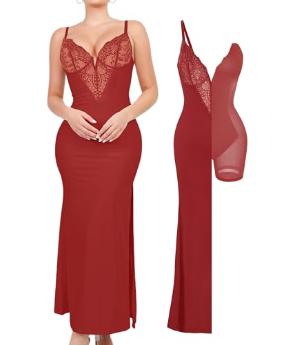 Image of Popilush Maxi Dresses for Women Deep V Neck Shapewear Lace Satin high Slit Bodycon Cocktail Dress Party Going Out