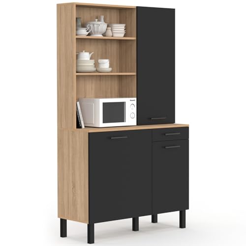 IDMarket - Buffet de Cuisine avec Colonne de Rangement 100 CM CINA 3 Portes + tiroir façon hêtre et Noir