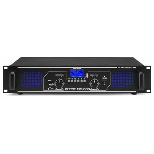 Fenton FPL1000 Amplificador PA Digital 1000 W, Etapa de Potencia de 3 Canales Con Bluetooth, AUX, USB, Reproductor MP3, Multicanal, Negro