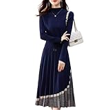 [J-Scott] [ジェイスコット] ニットワンピース レディース プリーツ グレンチェック ミモレ丈 フィット＆フレア ボトルネック ネイビー JS161-NV-M