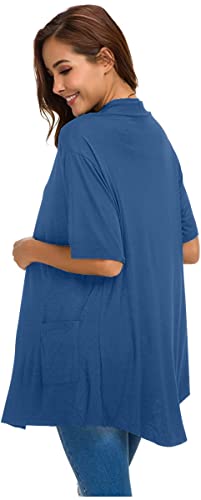 Adaniki Womens Short Sleeve Open Front Lightweight Casual Comfy Long Line Drape Hem Soft Modal Cardigans Sweater With Two Pockets (Blue, S) #TOP3