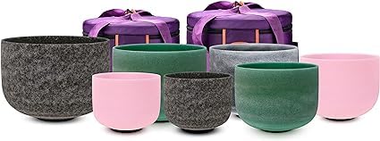 TOPFUND Chakra Set of 7 Gemstone Crystal Singing Bowls 8-14 inch with Heavy Duty Carrying Cases and Singing Bowl mallets