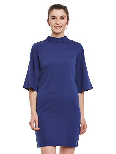 Image of Miss Chase Women's Navy Blue Plain Solid Round Neck 3 /4 Sleeve Collared Shift Dress