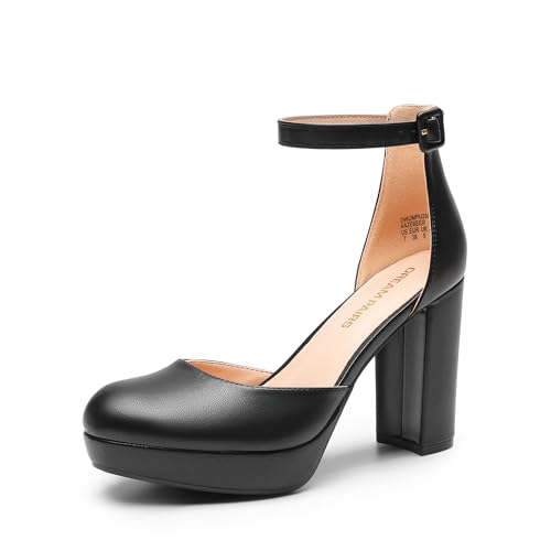 DREAM PAIRS Women's Platform Chunky High Heels Closed Toe Block Ankle Strap Dress Bridal Party Wedding Shoes,Size 5,Black-Pu,DWUMPU2534