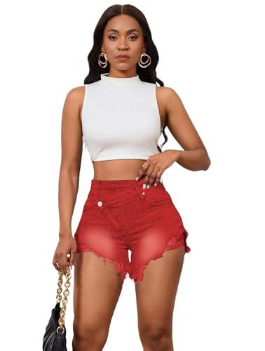 Image of PINSV Women's High Waisted Crossover Jean Shorts Ripped Hem Raw Denim Shorts