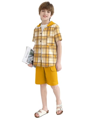 Image of Boys Clothes Shorts Sets Plaid Short Sleeve Hooded Button Shirt and Jogger Shorts for Kids Summer Outfits