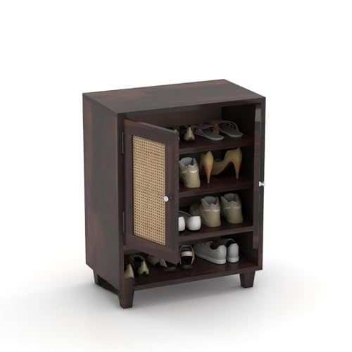 Image of Solid Wood Shoe Rack for Living Room Hall Home Office | Wooden Shoe Rack with 2 Door & Shelf Storage | Shoe Cabinet Wooden | Shoe Organiser with Rattan Door in Walnut Finish