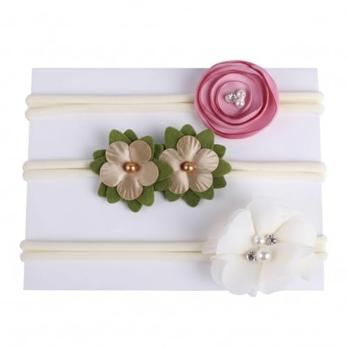 Image of SYGA 3 Pack Baby Girl Headbands - Soft Stretchable Nylon Flower Comfortable Elastic Hairbands for Newborns, Infants & Toddlers 0-3 Years (Off-White)