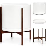 PLANT PARENT Mid Century Plant Stand with Pot Included – White 16 Inch Modern Planter with Stand wit