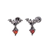 Punk 20g Bat Red Heart Charm Screw Flat Back Small Stud Earrings for Women Unique Stainless Steel Black Animal Cartilage Tragus Piercing Studs Hypoallergenic Fashion Jewelry Halloween Party Gift