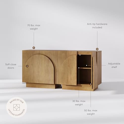 Image of Nathan James Iris Mid-Century Modern Buffet Sideboard Wood Accent Cabinet Credenza TV Stand with Arched Doors and Adjustable Shelves, Brushed Light Brown, Set of 2