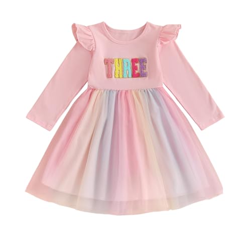 Todder Girl Birthday Dress 1st/2nd/3rd Letter Embroidery Long Sleeve Princess Dress Tiered Layered Puffy A-Line Tulle Patchwork Tutu Skirt for Kids Girls Birthday Outfits (Pink THREE, 3-4 Years)