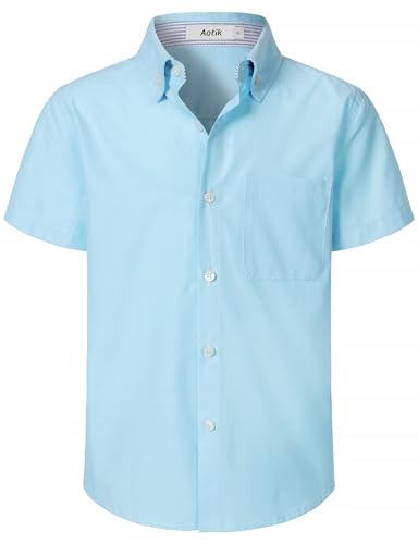 AOTIK Boys Oxford Button Down Shirt Short Sleeve Formal Uniform Dress Shirts with Pocket 10 Aqua Blue