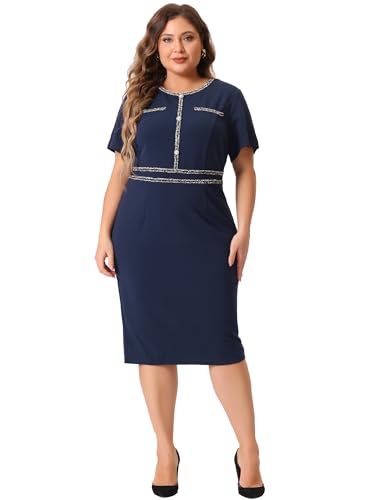 Image of Agnes Orinda Plus Size Dresses for Women Button Crew Neck Vintage Wear to Work Office Party Bodycon Pencil Dress