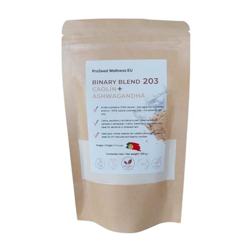 Arcilla Blanca de Caolín + Ashwagandha – Mascarilla Facial Iluminadora y Cuidado de la Piel – 100% Natural | Binary Blend 203 – 100g