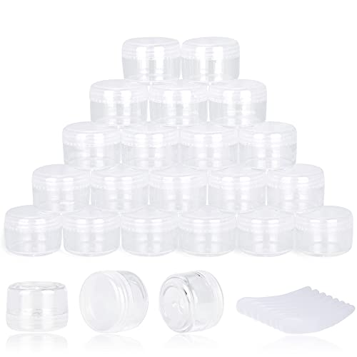 100PCS 5 Gram Sample Containers, 5ml Empty Jars with Lids, Small Cosmetic Containers, Mini Sample Jars with 8PCS Mini Spatulas for Make Up, Oils, Lotion, Powder, Paint, Jewelry, Lip Balms(Clear Lid)