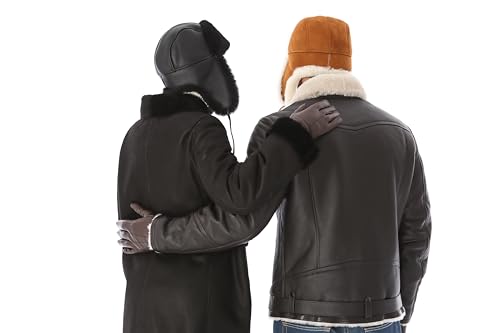 Image of Leather Aviator Shearling Ushanka Trapper Hat Russian Sheepskin Cap Real Fur Winter Hat with Ear Flaps for Men Women