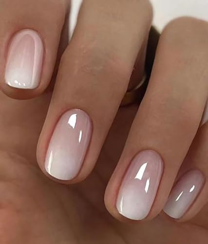 Gradient Short Press on Nails Square Chrome False Nails with Design French Acrylic Nails Glossy Reusable press on nails chrome Fake Nails Full Cover Stick on Nails for Women and Girls