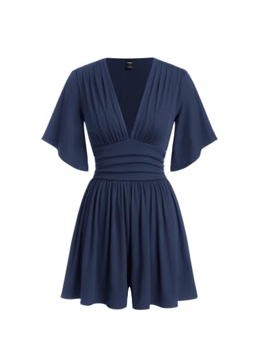 CIDER Womens Textured V Neck Ruched Bell Sleeve Romper