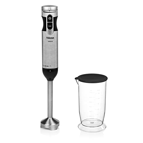 Tristar MX-4828 - Batidora de mano, Varilla de acero inoxidable extraíble, vaso medidor incluido, Función turbo, Motor de 1000 W CC, Negro y plateado
