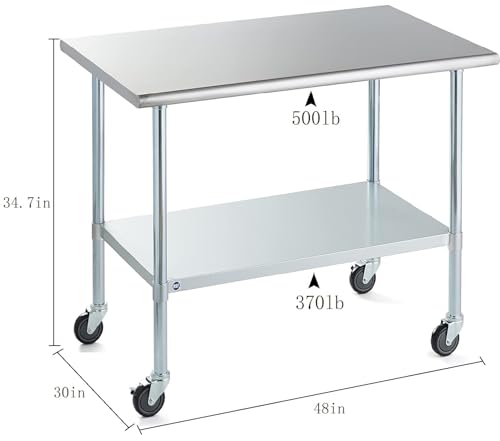 Image of ROCKPOINT Stainless Steel Table for Prep & Work with Caster Wheels 30x48 Inches, NSF Metal Commercial Kitchen Heavy Duty Table with Adjustable Under Shelf and Table Foot for Restaurant, Home and Hotel
