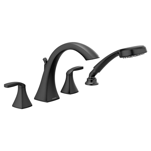 Juego de grifería para bañera romana Moen Voss, montaje sobre cubierta, dos mangos, acabado negro mate, con duchador, válvula no incluida, modelo T694BL miniatura 1