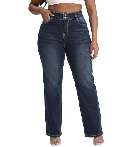 Gocolloa Plus Size Jeans for Curvy Women Straight Leg Stretchy High Waisted Casual Loose Denim Pants with Pockets Deep Blue 16W