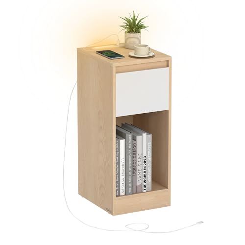 VASAGLE Table de Chevet Étroite, Table d’Appoint, avec Éclairage LED, 1 Port USB-A, 1 Port USB-C, Tiroir et Compartiment Ouvert, pour Chambre, Salon, Jaune Amande et...