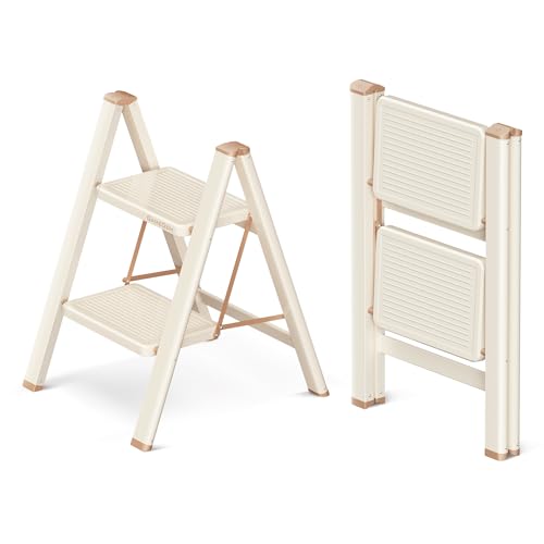 GameGem 2 Step Ladder Folding Step Stool with Wide Anti-Slip Pedal, 330LBS Capacity, Lightweight Portable Stepladder for Home and Kitchen Use, Cream Chocolate by GameGem - Used condition - US$43.76