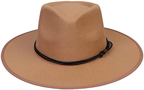 JK Home Wide Brim Fedora Hat - Wool Felt Panama Cap - One Size Unisex Women Men - Black Braided Leather Band