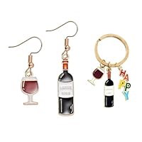 GTYHH 1 Paar Rotweinglas-Ohrringe Und 1 Rotweinglas-Schlüsselanhänger, Interessante Ohrringe, Kreative Ohrringe, Süße Ohrringe