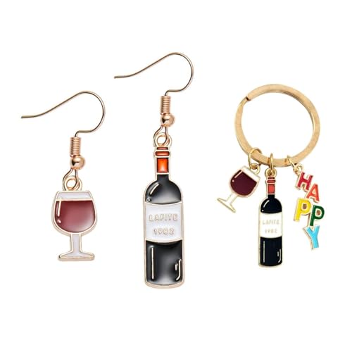 GTYHH 1 Paar Rotweinglas-Ohrringe Und 1 Rotweinglas-Schlüsselanhänger, Interessante Ohrringe, Kreative Ohrringe, Süße Ohrringe