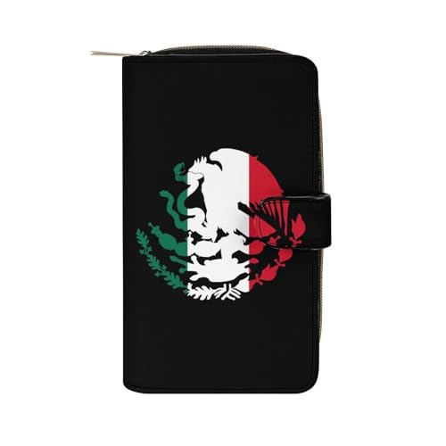 Mexico Mexican Flag Emblem PU Leather Womens Wallet Large Capacity Zippered Bifold Purse with 12 Card Slot Coin Case