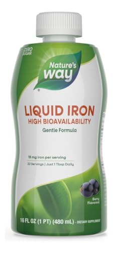 Nature’s Way Liquid Iron Supplement, 18 mg per Serving, Gentle Glycinate Iron, Fast-Absorbing Liquid, Iron for Red Blood Cell Support and Energy Metabolism*, No Sugar Added, Berry Flavored, 16 Fl Oz