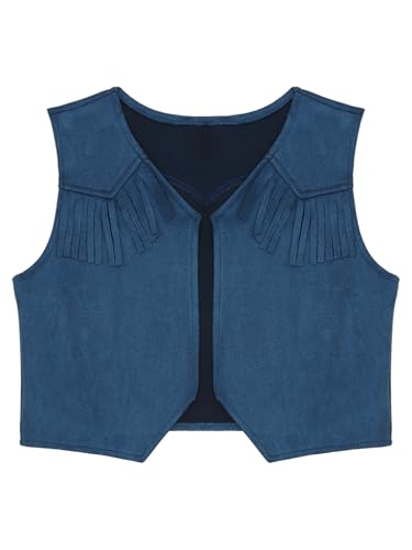 Kids Cowboys Cowgirls Wild West Cosplay Fancy Dress-up Waistcoat Suede Tassel Vest Outwear Jacket Navy Blue A 8 Years