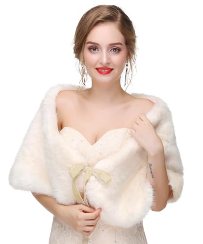 Aimimier Bridal Faux Fur Wrap Wedding Fur Stole with Band Evening Party Warm Shrug Cape