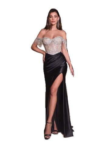 LA Divine CD821 Embellished Off The Shoulder Satin Gown - Black