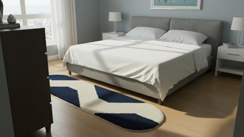 Image of Fluffy Silky Micro Fiber Polyster Carpet /Runner for Bedroom, Study Room, Playing Room, Guest Room ETC. 2x6 feet Feet, (Blue and Ivory Chevron Pattern)