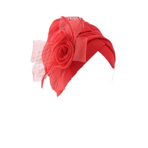 Sombrero de turbante con flores de plumas para mujer, pañuelos para la cabeza, tocado para bodas y fiestas, prenda de cabeza musulmana, rosso, Talla única